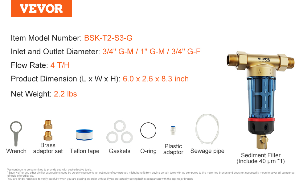 VEVOR Spin Down Filter, 40mikronový celodomový sedimentový filtr pro studniční vodu, 3/4