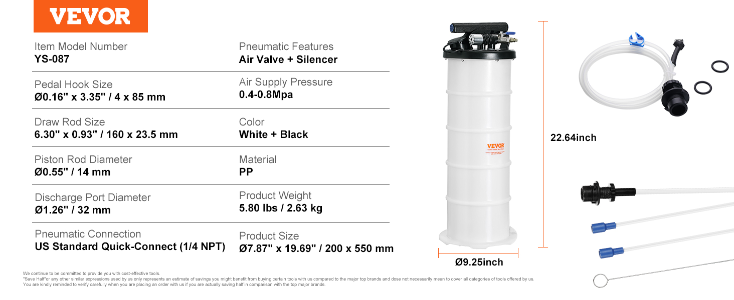 VEVOR olajszívó szivattyú 6.5L kézi pneumatikus olajszívó készülék 0.4-0.8MPa olajcserélő szivattyú autó szívószivattyú kézi szivattyú folyékony szívószivattyú alkalmas motorolaj-elszívó hajtóműhöz Olaj fékfolyadék
