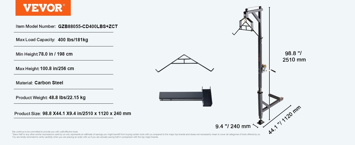 Jelení kladkostroj VEVOR, nosnost 400 lb, kladkostroj na zvěř, zvedák na jeleny se sadou navijáku, 2palcový přijímač závěsu, nožní základna, nastavitelná výška a otočný o 360 stupňů
