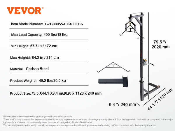 VEVOR Hitch Mounted Deer Hoist, 400 lbs Load Capacity, Hitch Game Hoist, Truck Hitch Deer Hoist with Winch Lift Gambrel Set, 2-inch Hitch Receiver, Adjustable Height & 360 Degrees Swivel, Carbon Steel