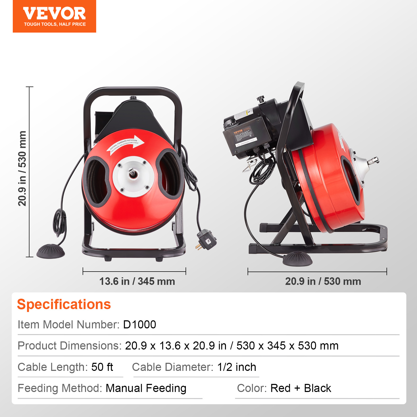 VEVOR Drain Cleaner Machine 50/66/75/120'x3/8-7/8" Sewer Snake Auger Manual Feed - Picture 69 of 98
