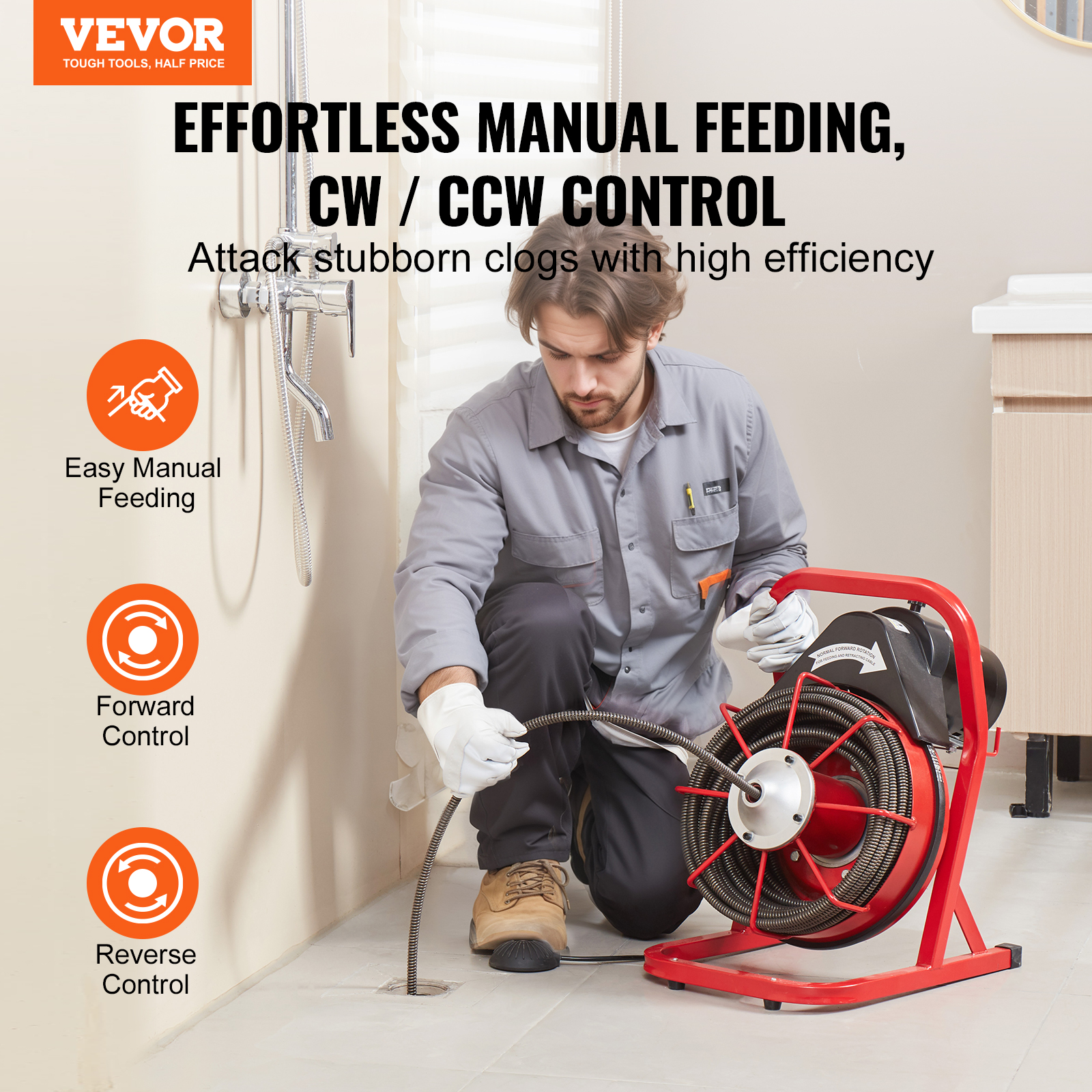 VEVOR Drain Cleaner Machine 50/66/75/120'x3/8-7/8" Sewer Snake Auger Manual Feed - Picture 52 of 98