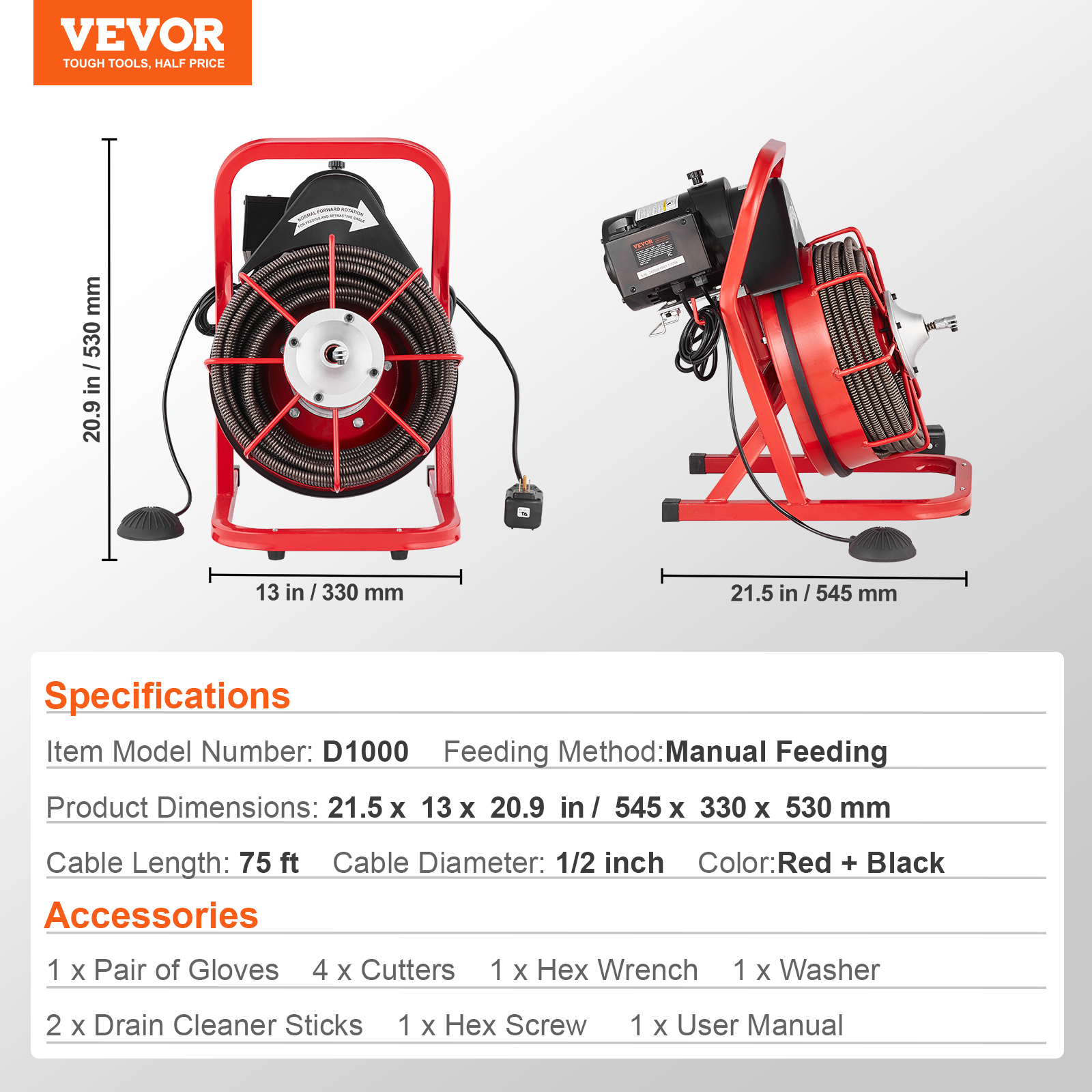 VEVOR Drain Cleaner Machine 50/66/75/120'x3/8-7/8" Sewer Snake Auger Manual Feed - Picture 57 of 98