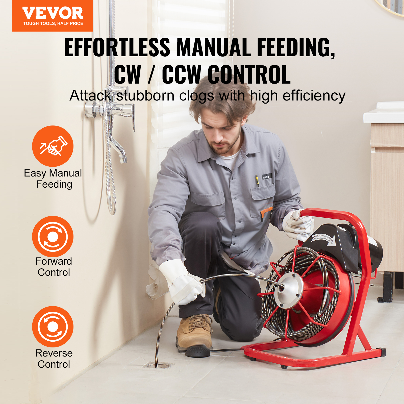 VEVOR Drain Cleaner Machine 50/66/75/120'x3/8-7/8" Sewer Snake Auger Manual Feed - Picture 88 of 98