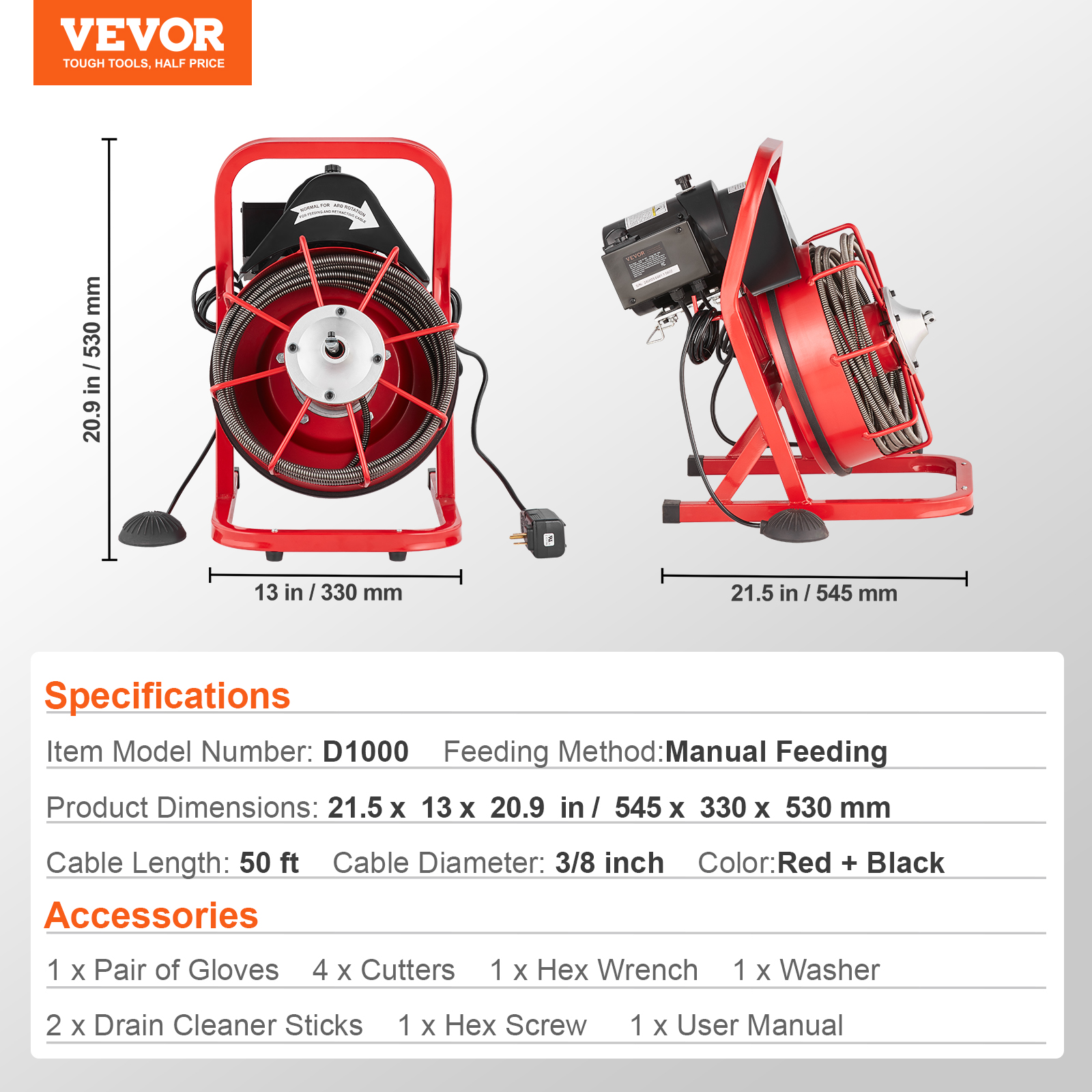 VEVOR Drain Cleaner Machine 50/66/75/120'x3/8-7/8" Sewer Snake Auger Manual Feed - Picture 93 of 98