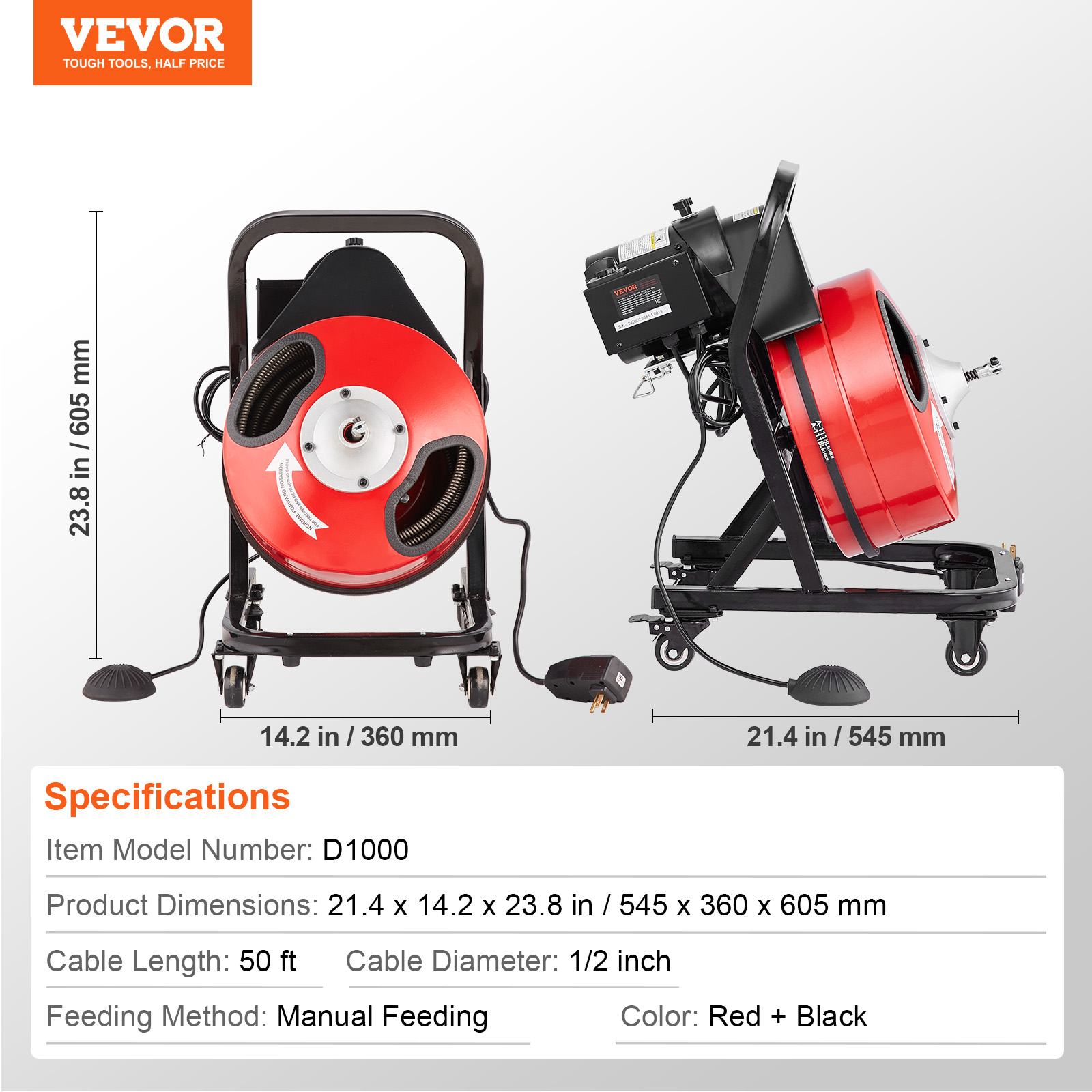 VEVOR Drain Cleaner Machine 50/66/75/120'x3/8-7/8" Sewer Snake Auger Manual Feed - Picture 45 of 98