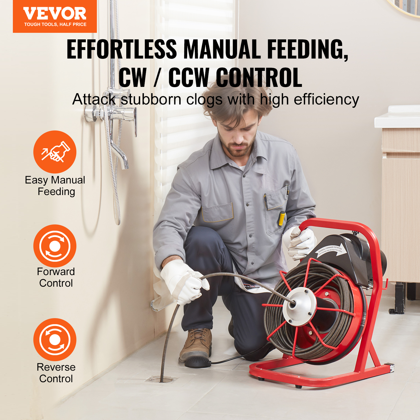 VEVOR Drain Cleaner Machine 50/66/75/120'x3/8-7/8" Sewer Snake Auger Manual Feed - Picture 76 of 98