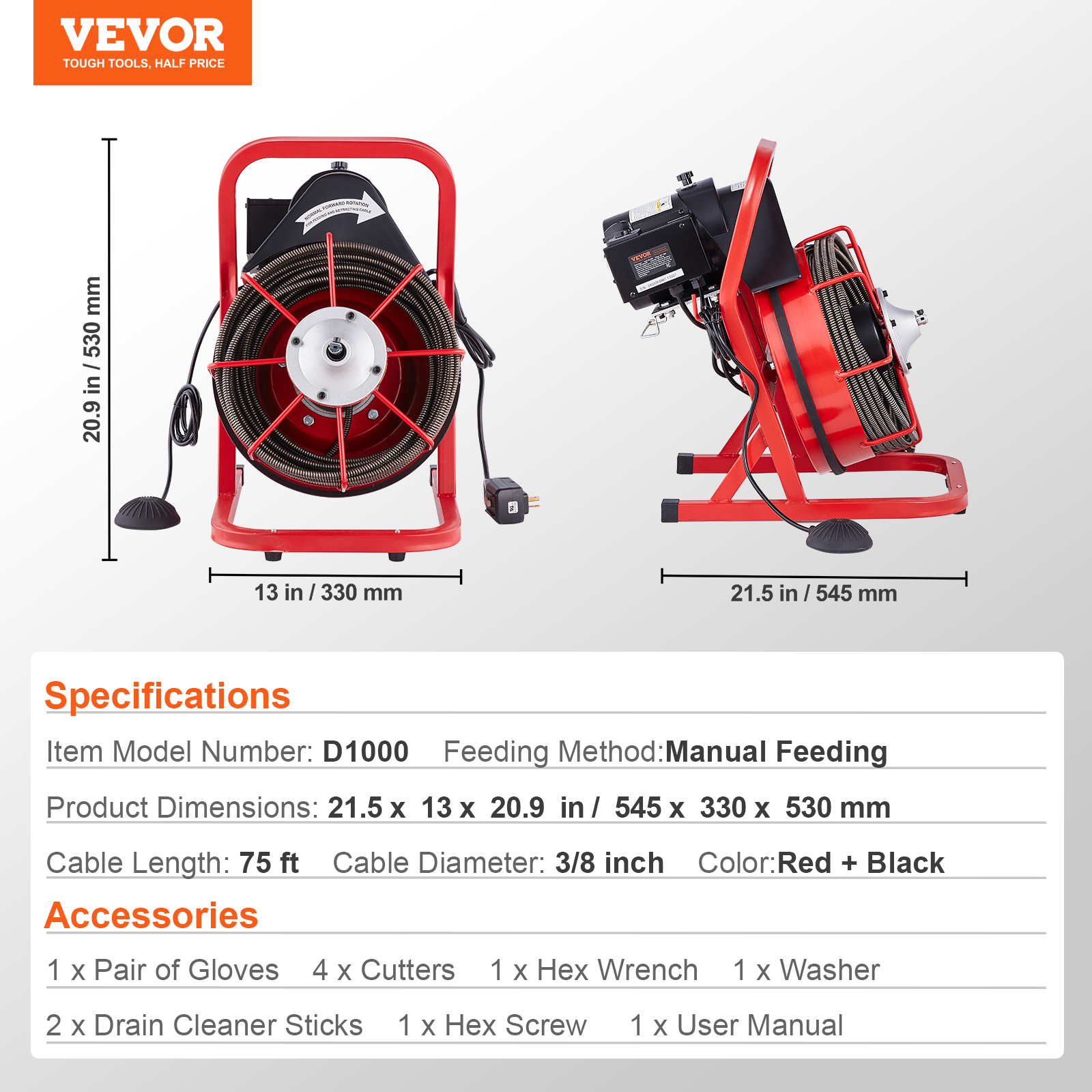 VEVOR Drain Cleaner Machine 50/66/75/120'x3/8-7/8" Sewer Snake Auger Manual Feed - Picture 81 of 98