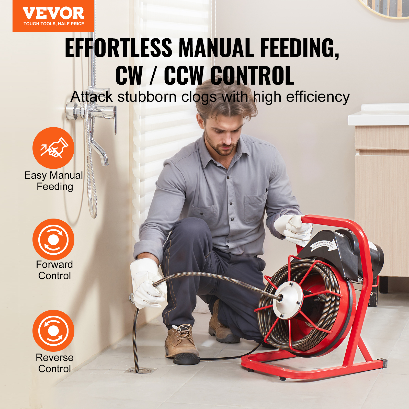 VEVOR Drain Cleaner Machine 50/66/75/120'x3/8-7/8" Sewer Snake Auger Manual Feed - Picture 28 of 98