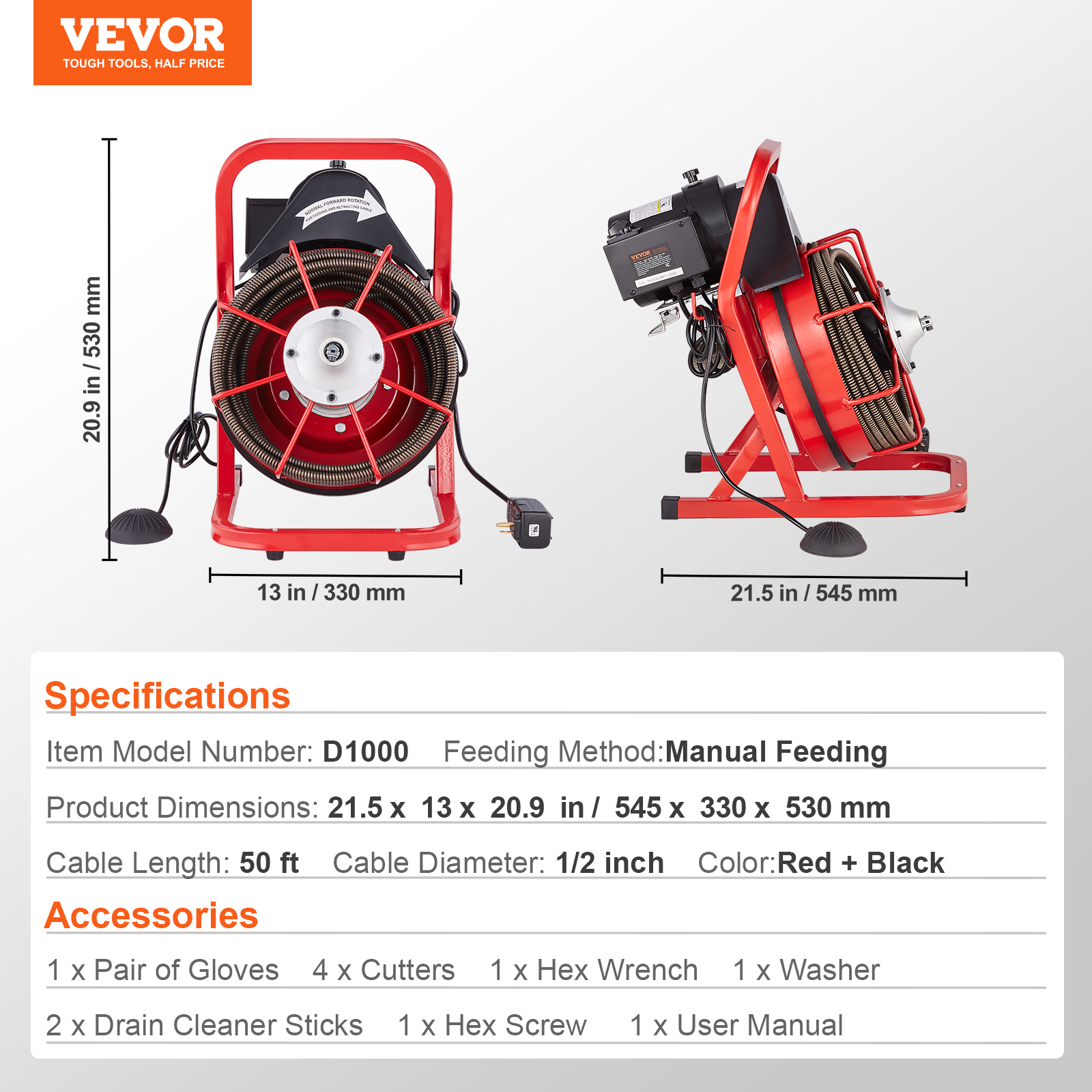 VEVOR Drain Cleaner Machine 50/66/75/120'x3/8-7/8" Sewer Snake Auger Manual Feed - Picture 33 of 98