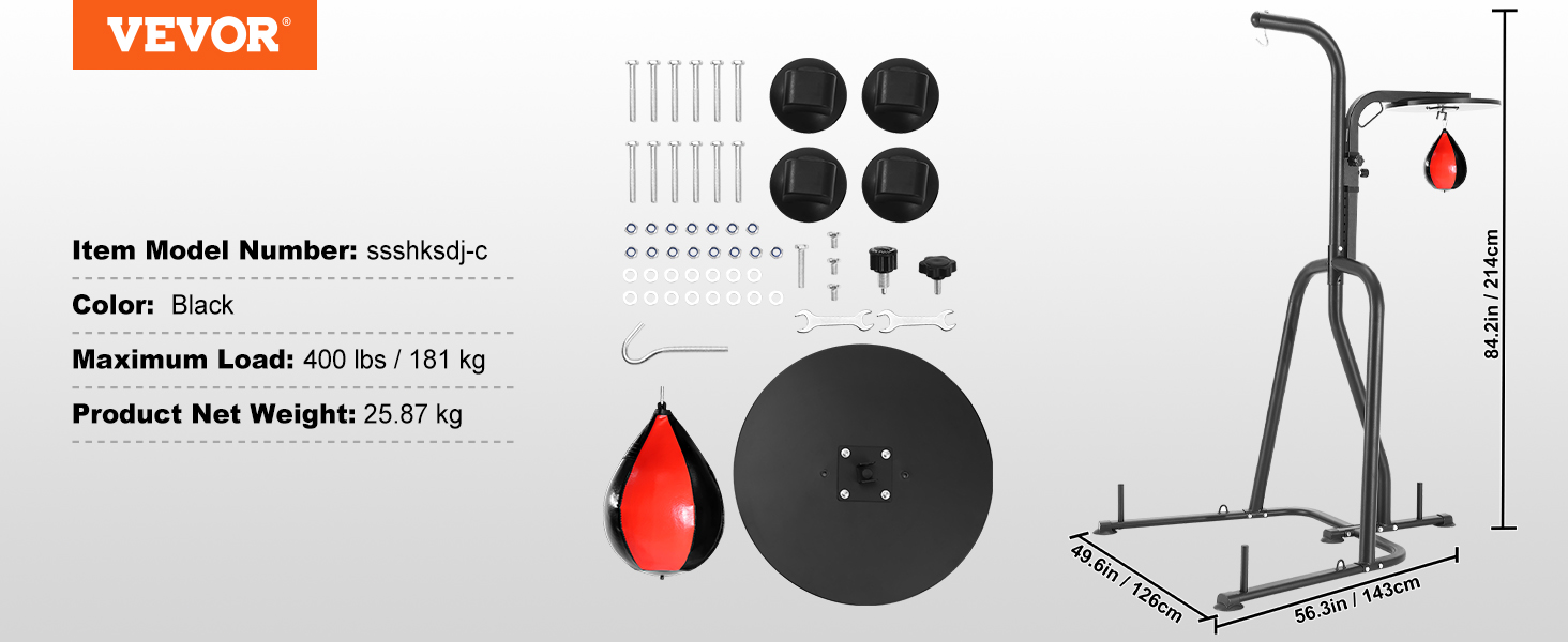 Stojan na boxovací pytel VEVOR 2 v 1, ocelové cvičební vybavení pro velké zatížení, nastavitelná výška boxovacího boxovacího pytle a stojanu na rychlostní vak, volně stojící stojan na pytle s pískem, pojme až 400 lb, pro domácí fitness fitness
