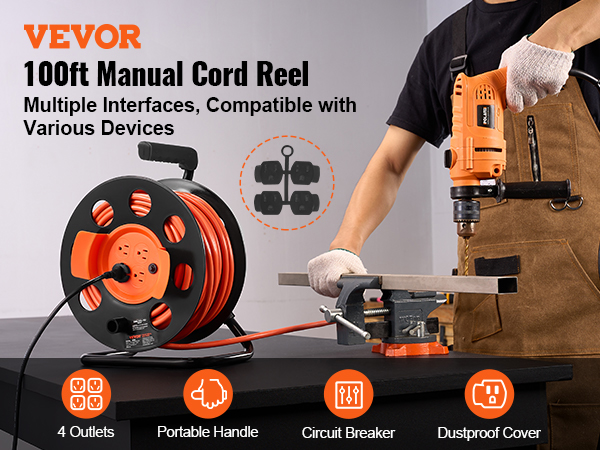 VEVOR Extension Cord Reel 100FT with 4 Outlets 14AWG SJTOW Manual Cord Reel  UL