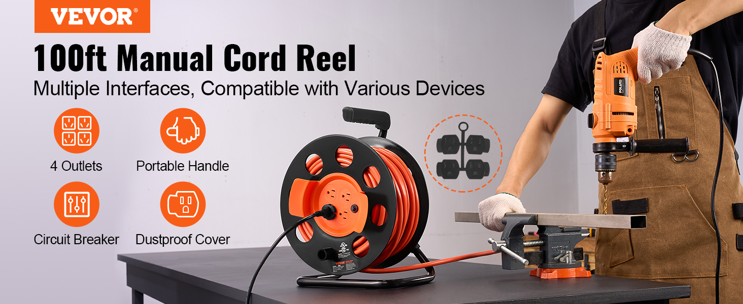 VEVOR Retractable Extension Cord Reel, 65 ft, Heavy Duty 12AWG/3C Sjtow Power Cord, with Lighted Triple Tap Outlet, 15 Amp Circuit Breaker, 180°