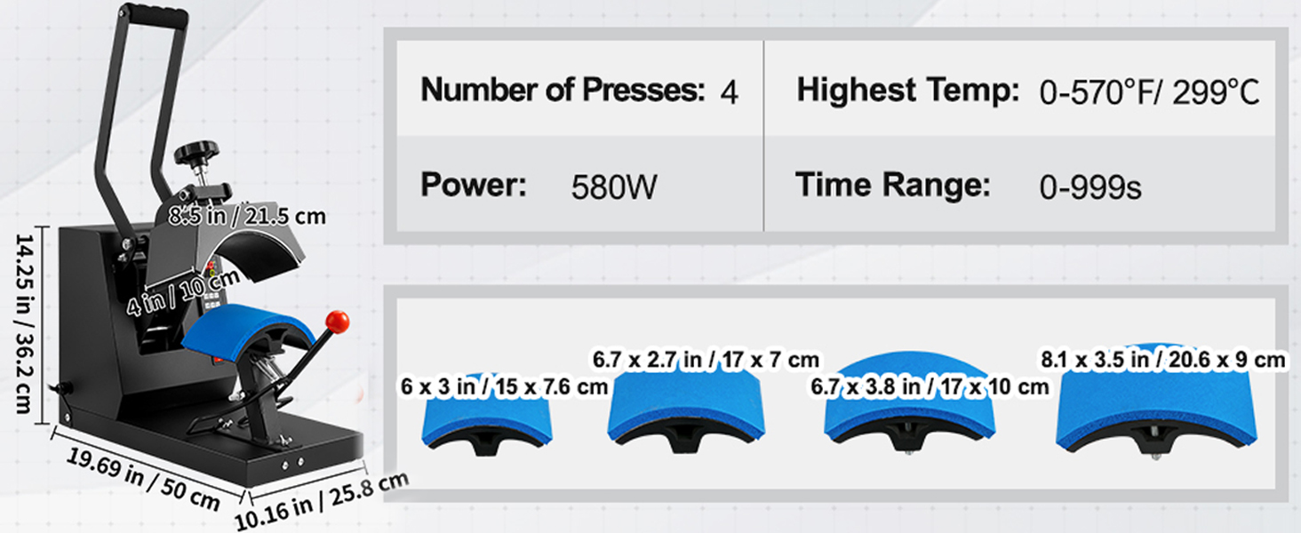 VEVOR Hat Heat Press, 4-v-1 Cap Heat Press Machine, 6 x 3 palce Clamshell Sublimation Transfer, LCD digitální řízení teploty s časovačem se 4 zakřivenými topnými články (6x3/6,7x2,7/6,7x2,7/8,1x3,5)