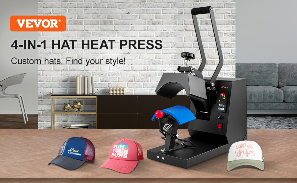 VEVOR Hat Heat Press, 4-in-1 Cap Heat Press Machine, 6x3inches Clamshell  Sublimation Transfer, LCD Digital Timer Temperature Control with 4pcs  Curved Heating Elements (6x3/6.7x2.7/6.7x2.7/8.1x3.5)