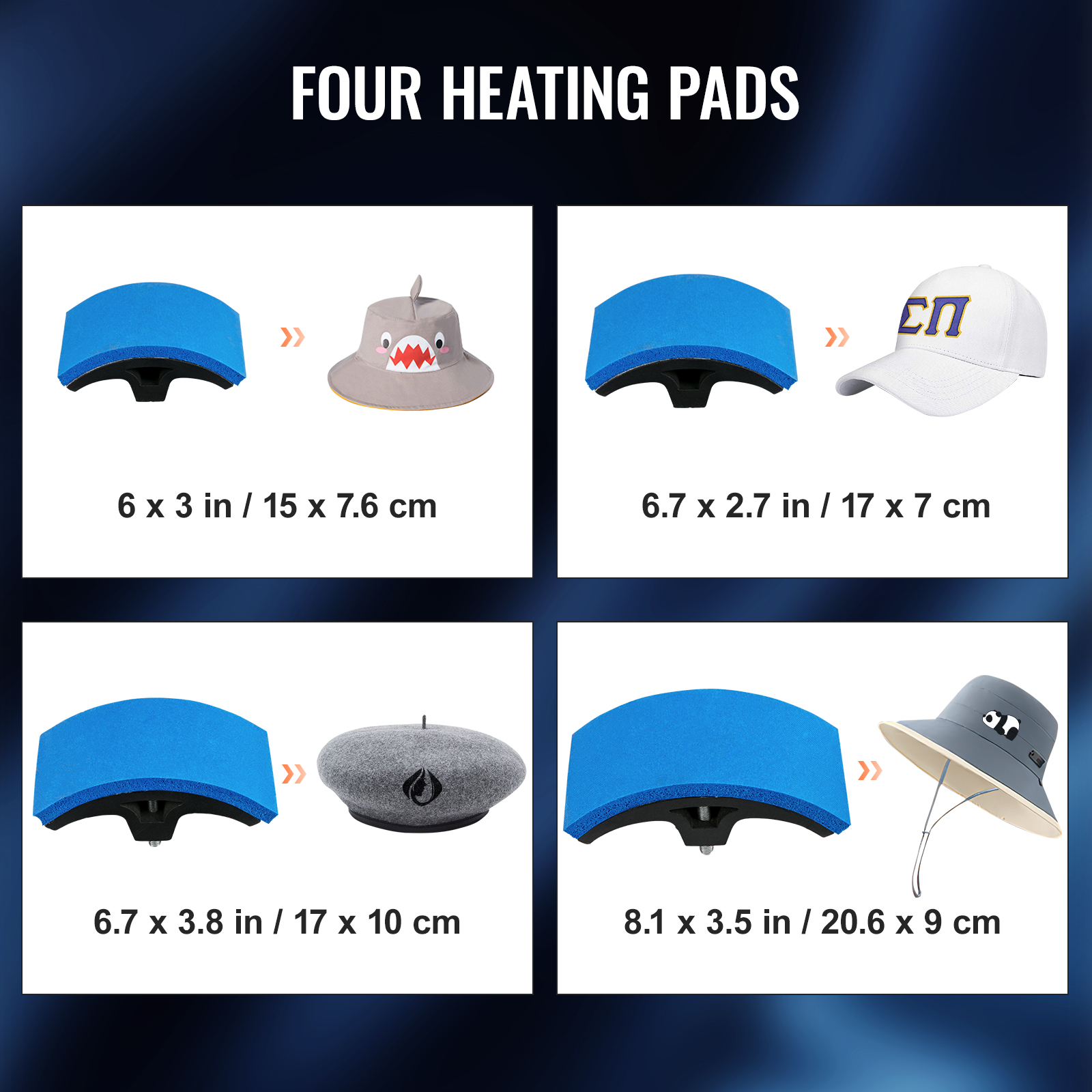 VEVOR Hat Heat Press, 4-in-1 Cap Heat Press Machine, 6x3inches Clamshell  Sublimation Transfer, LCD Digital Timer Temperature Control with 4pcs  Curved Heating Elements (6x3/6.7x2.7/6.7x2.7/8.1x3.5) 