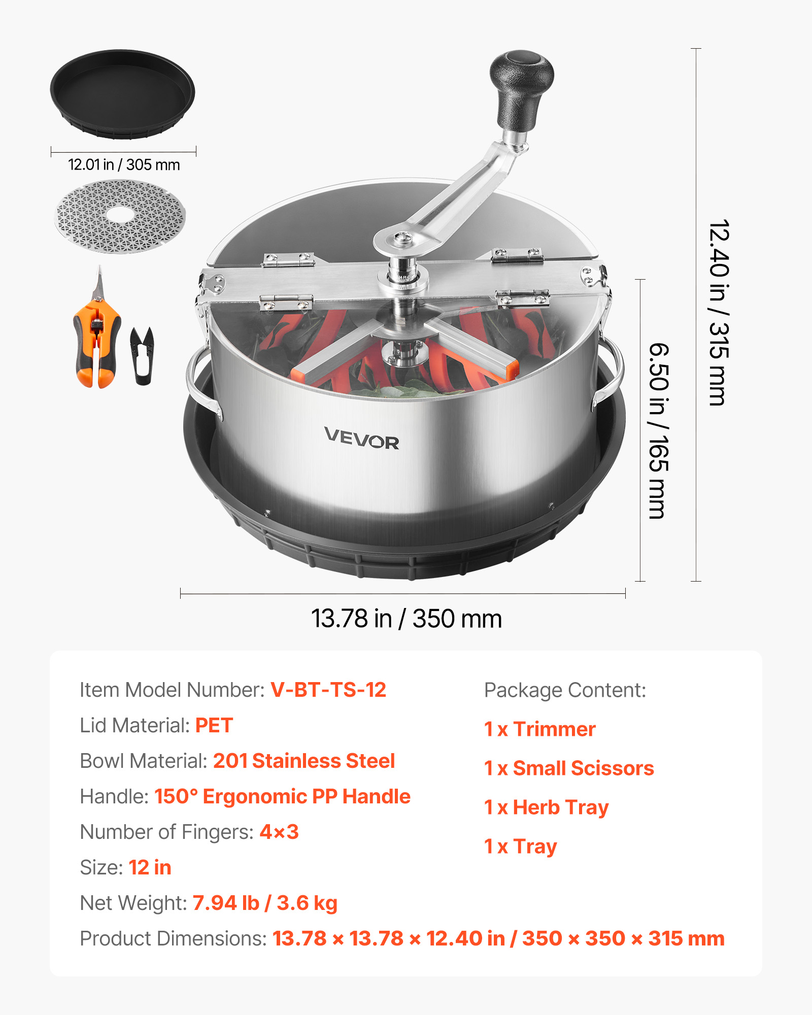 VEVOR Manual Bud Leaf Trimmer 12 inch / 16 inch Hydroponic Trimming Machine Pot