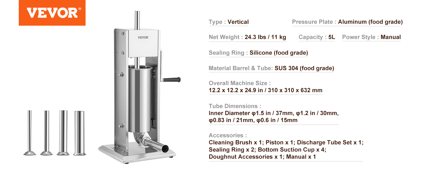 VEVOR sausage stuffer with sus 304 stainless steel body, 5l capacity, manual power, and various accessories.