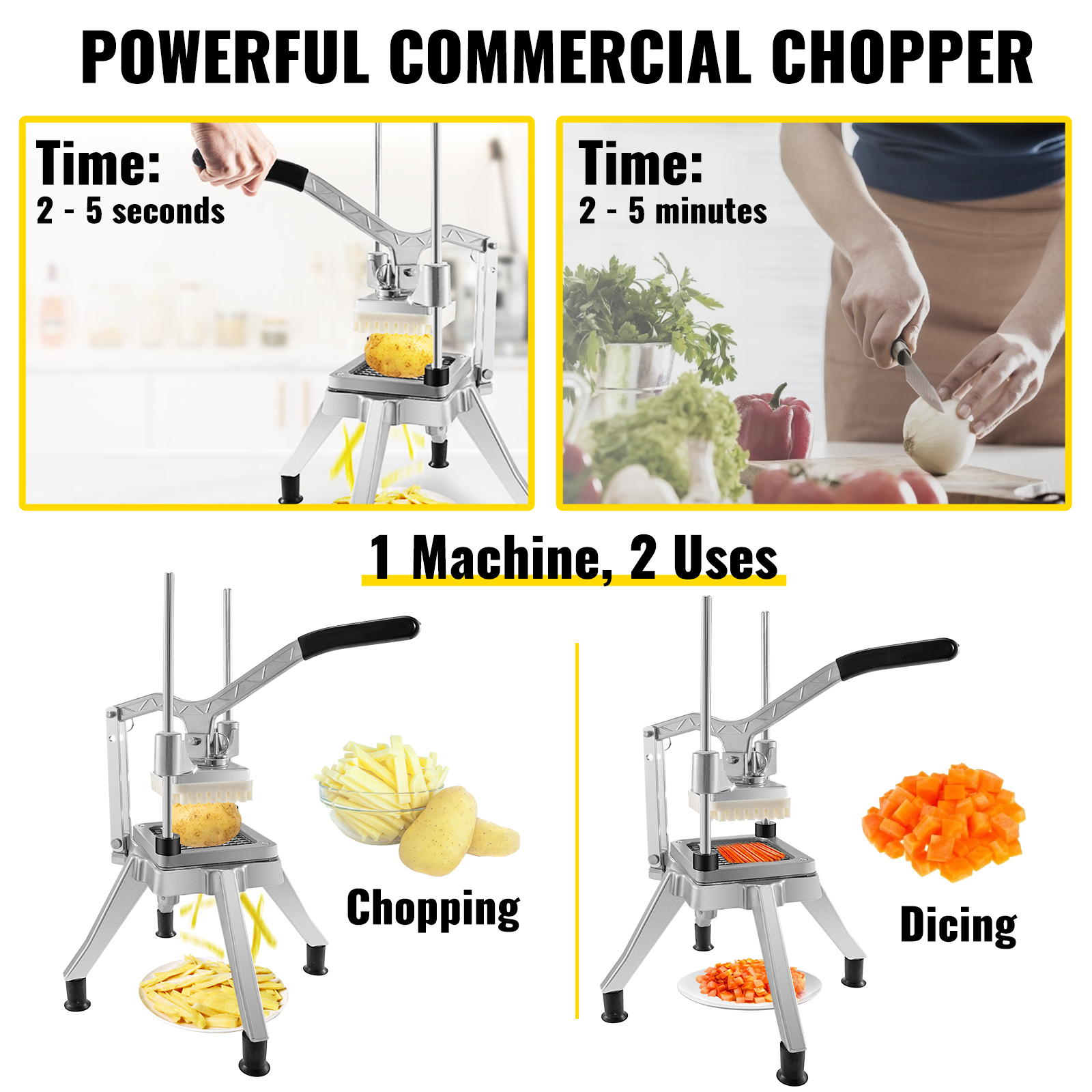 VEVOR Commercial Chopper w/ 4 Replacement Blades Commercial Vegetable Chopper Stainless Steel French Fry Cutter Potato Dicer & Slicer Commercial