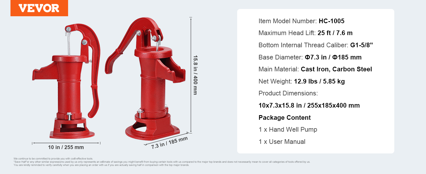 VEVOR Starožitná ruční pumpa na džbán, maximální zdvih 25 stop, litinová ruční vodní pumpa s ergonomickou rukojetí G1-5/8