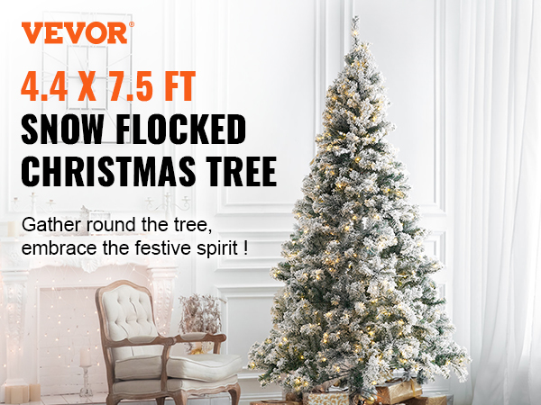 VEVOR Christmas Tree, 7.5ft Prelit Flocked Artificial Tree, Full ...