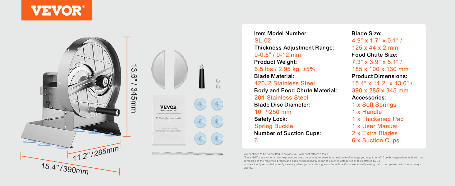 VEVOR vegetable slicer, stainless steel structure, 6 suction cups, adjustable thickness, 2 extra blades.