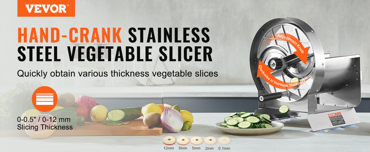 VEVOR vegetable slicer with stainless steel hand-crank, adjustable thickness, and bowl of sliced veggies.