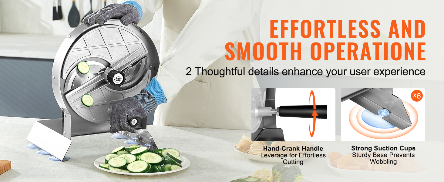 effortless slicing with the VEVOR vegetable slicer. hand-crank handle and suction cups ensure stability.