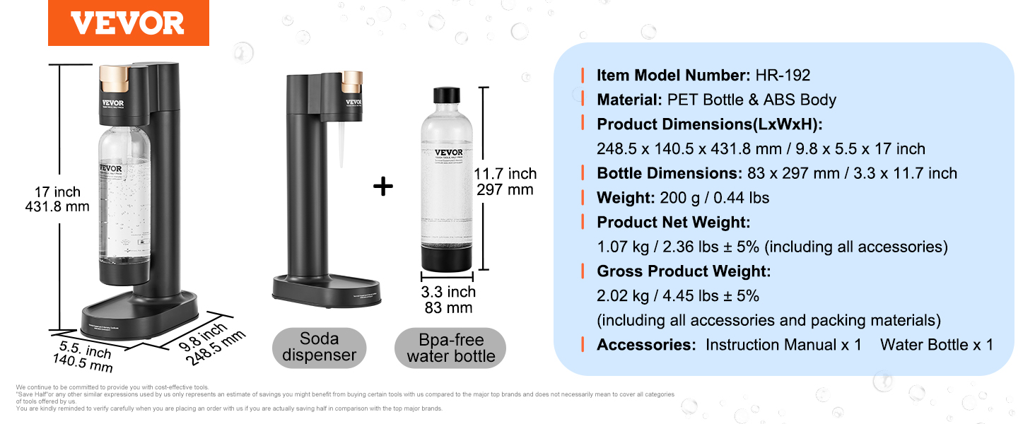 Výrobník perlivé vody VEVOR, stroj na výrobu sody pro domácí sycení oxidem uhličitým, Startovací sada Seltzer Water s 1l PET lahví bez BPA, kompatibilní s běžnou šroubovací 60l lahví CO2 (není součástí dodávky), černá