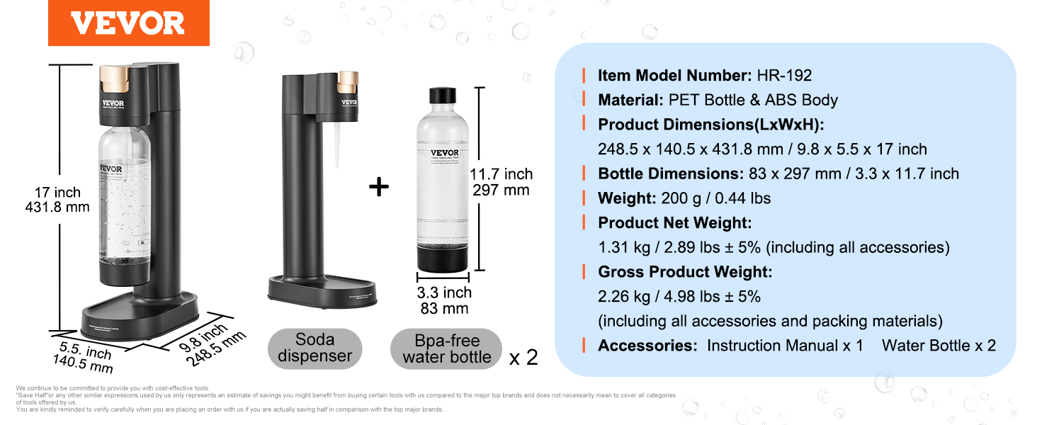 VEVOR sparkling water maker with dimensions, bpa-free water bottle, and accessories information.