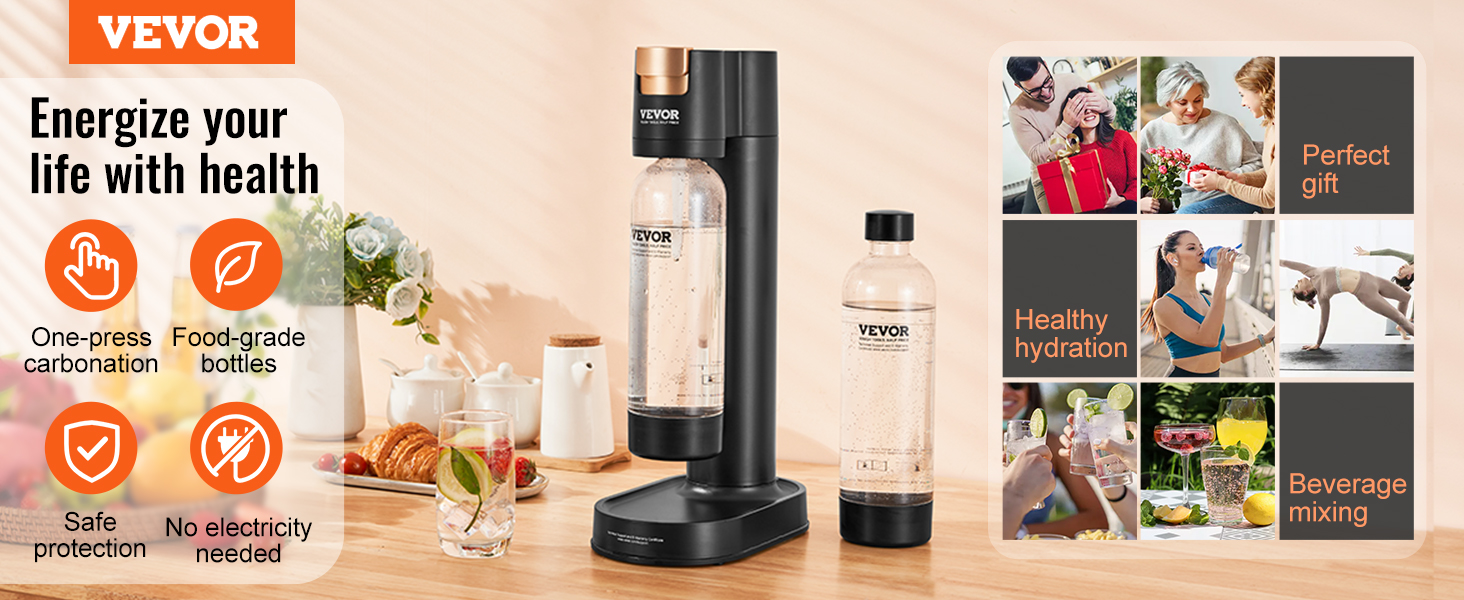 VEVOR sparkling water maker on a kitchen counter with features and lifestyle benefits displayed.