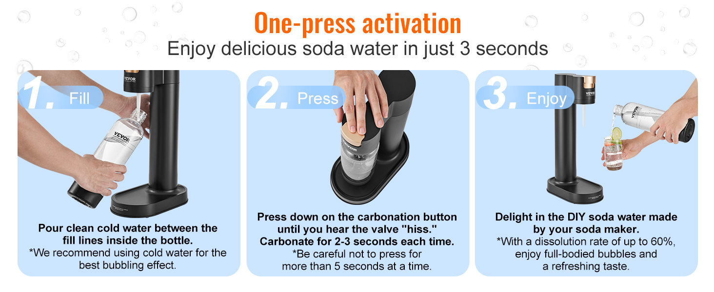 one-press activation steps for making soda water with the VEVOR sparkling water maker in 3 seconds.