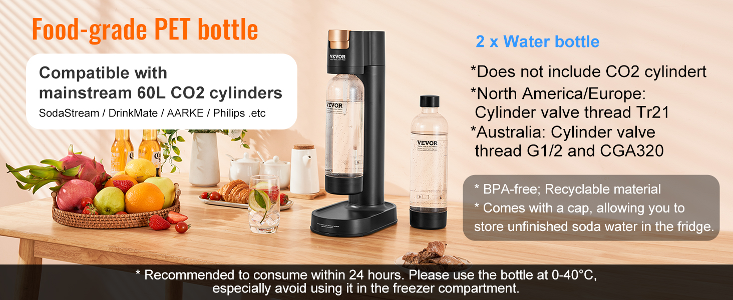 VEVOR sparkling water maker, two pet bottles, co2 compatible, bpa-free, table with fruits and plants.