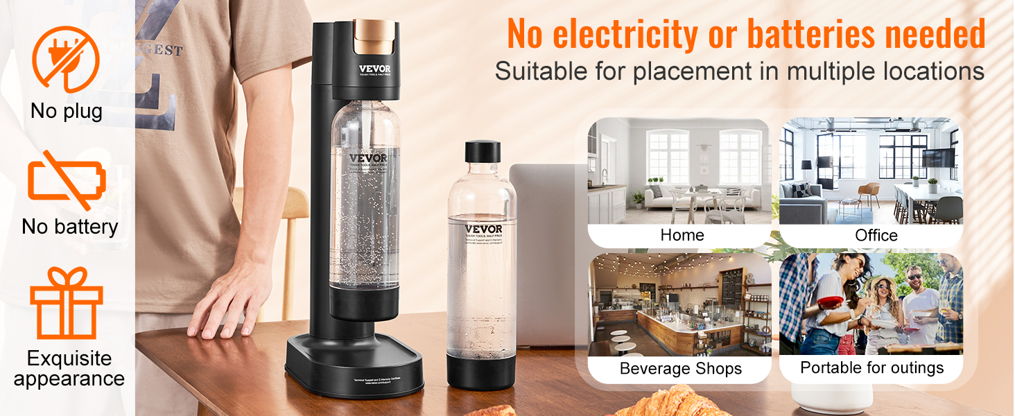 VEVOR sparkling water maker - no electricity or batteries needed, ideal for home, office, shops, and outings.