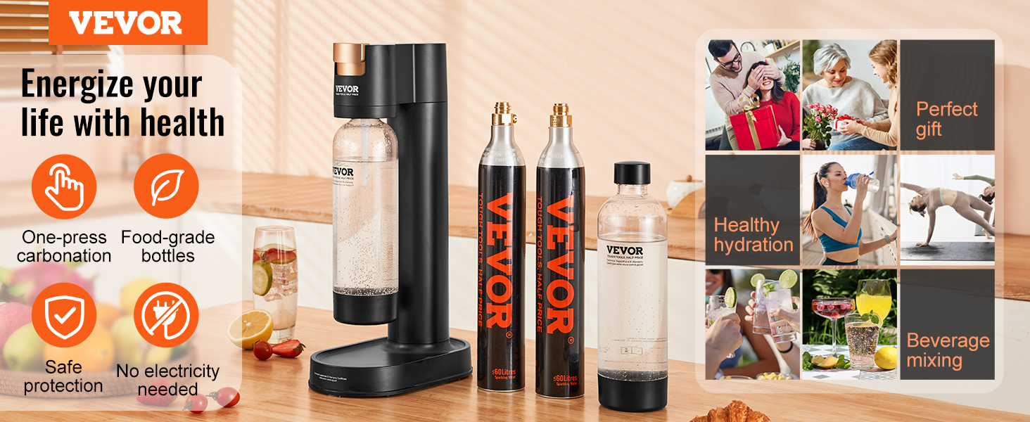 VEVOR sparkling water maker with one-press carbonation, food-grade bottles, no electricity needed.