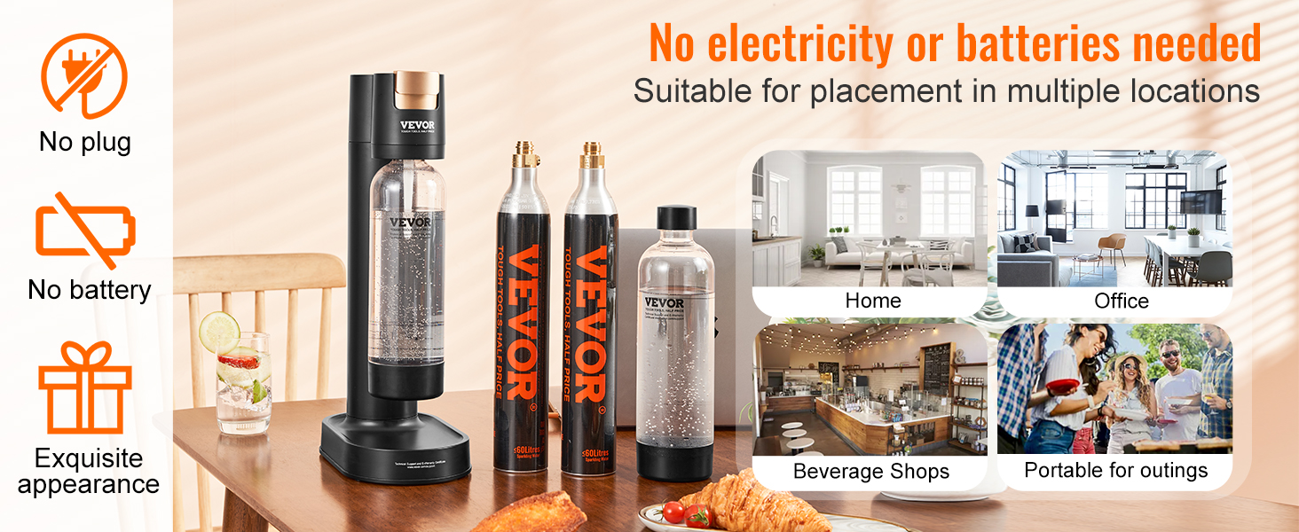 VEVOR sparkling water maker on a wooden table, with co2 bottles, suitable for home, office, and outings.