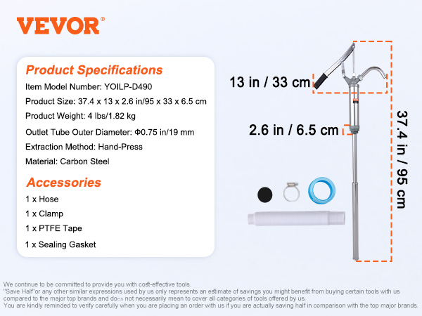 VEVOR Drum Pump, 10 oz. Per Stroke, Lever-Action Barrel Pump, Fits 5 to 55  Gallon