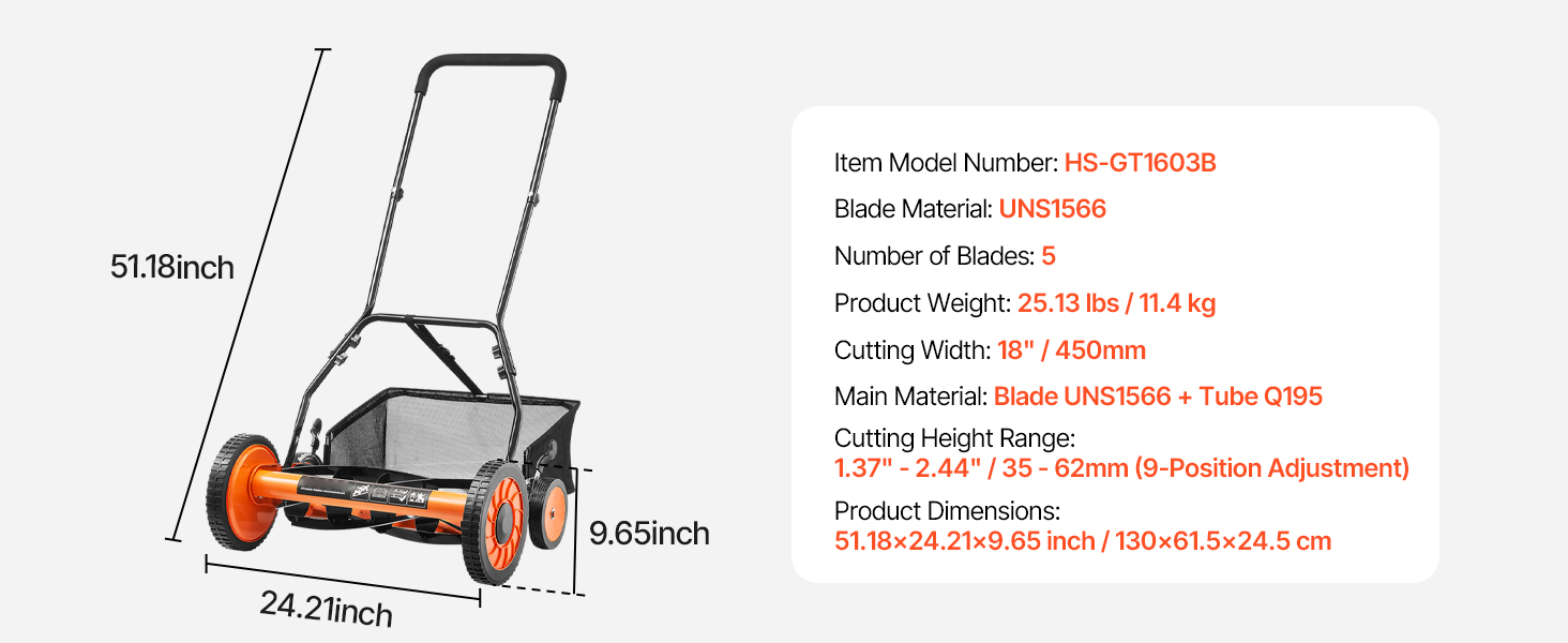 Spindelmäher Rasenmäher Handmäher 450Mm Schnittbreite 5 Klingen 35-62 mm Push Reel Lawn Mower A100 1.11w