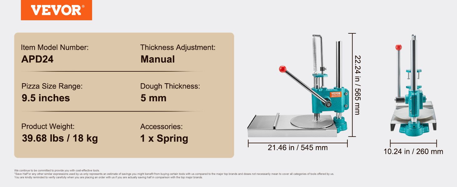 VEVOR pizza dough press machine, manual, apd24, 9.5-inch pizza, 5mm dough, 39.68 lbs / 18 kg, 1 x spring.