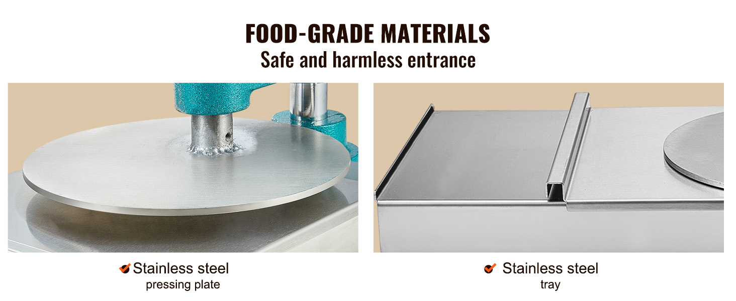 food-grade stainless steel pressing plate and tray on the VEVOR pizza dough press machine.