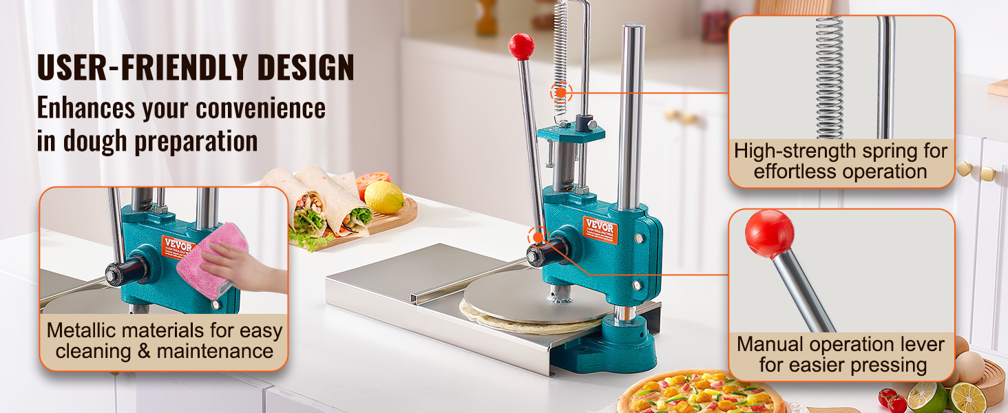 VEVOR pizza dough press machine with spring and lever in a kitchen setting for easy dough prep.