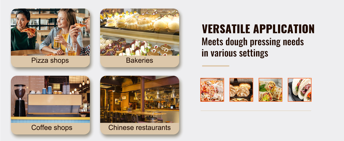 VEVOR pizza dough press machine application in pizza shops, bakeries, coffee shops, and chinese restaurants.