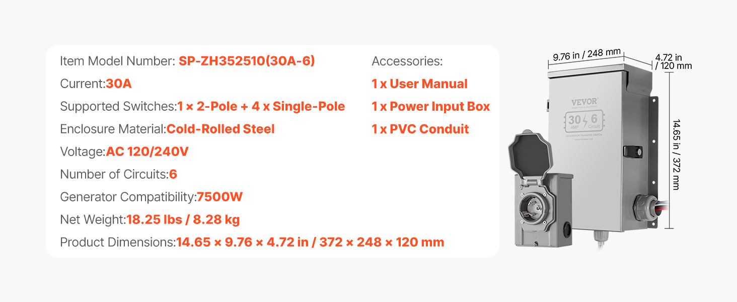 VEVOR Manual Transfer Switch 30Amp Generator Transfer Switch Kit