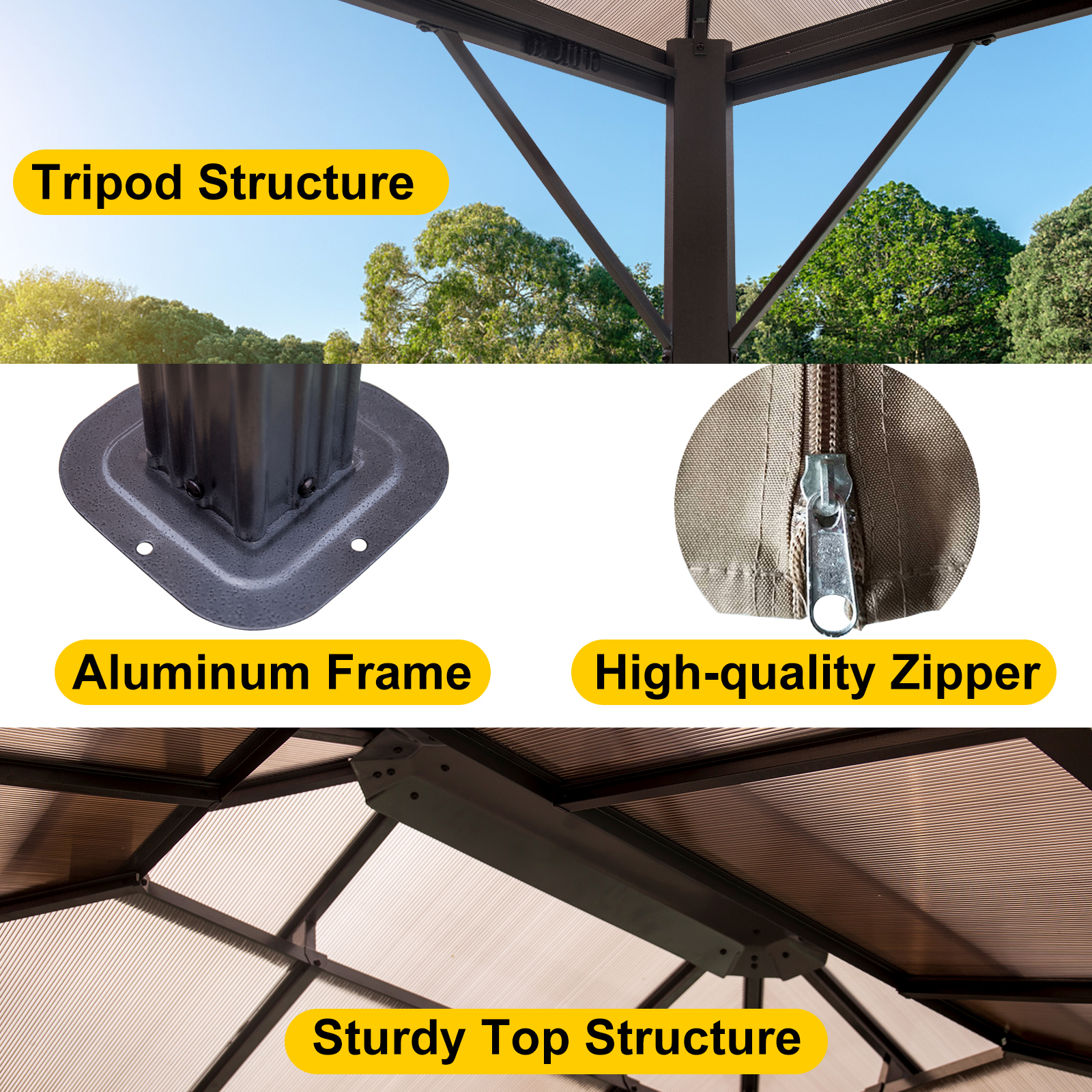 Tonnelle de jardin 3x3 m design en optique bois toit en acier 4