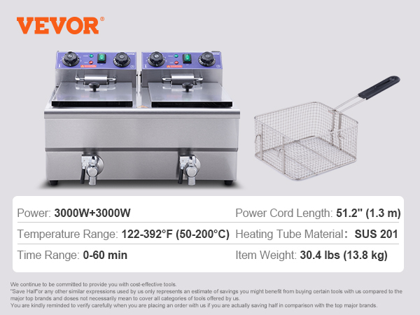 VEVOR Commercial Electric Deep Fryer 24L 3000W with Dual Removable Basket