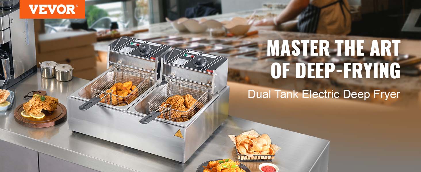 VEVOR Commercial Dual Tank Deep Fryer 3000W | 2 X 11.6Qt Stainless Steel Electric Countertop Fryer
