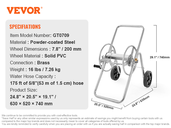 VEVOR 175 ft of 5/8'' Hose Reel Cart, (Hose Not Included), Garden Water Hose  Carts Mobile Tools with Wheels, Heavy Duty Powder-coated Steel Outdoor  Planting for Garden, Yard, Lawn