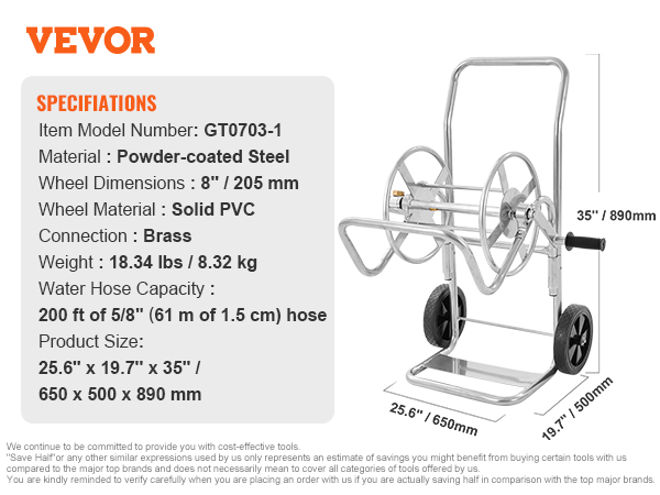 VEVOR 175 ft of 5/8'' Hose Reel Cart, (Hose Not Included), Garden Water Hose  Carts Mobile Tools with Wheels, Heavy Duty Powder-coated Steel Outdoor  Planting for Garden, Yard, Lawn