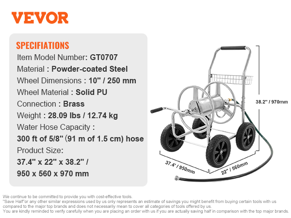 VEVOR Hose Reel Cart, Hold Up to 300 ft of 5/8'' Hose, Garden Water Hose