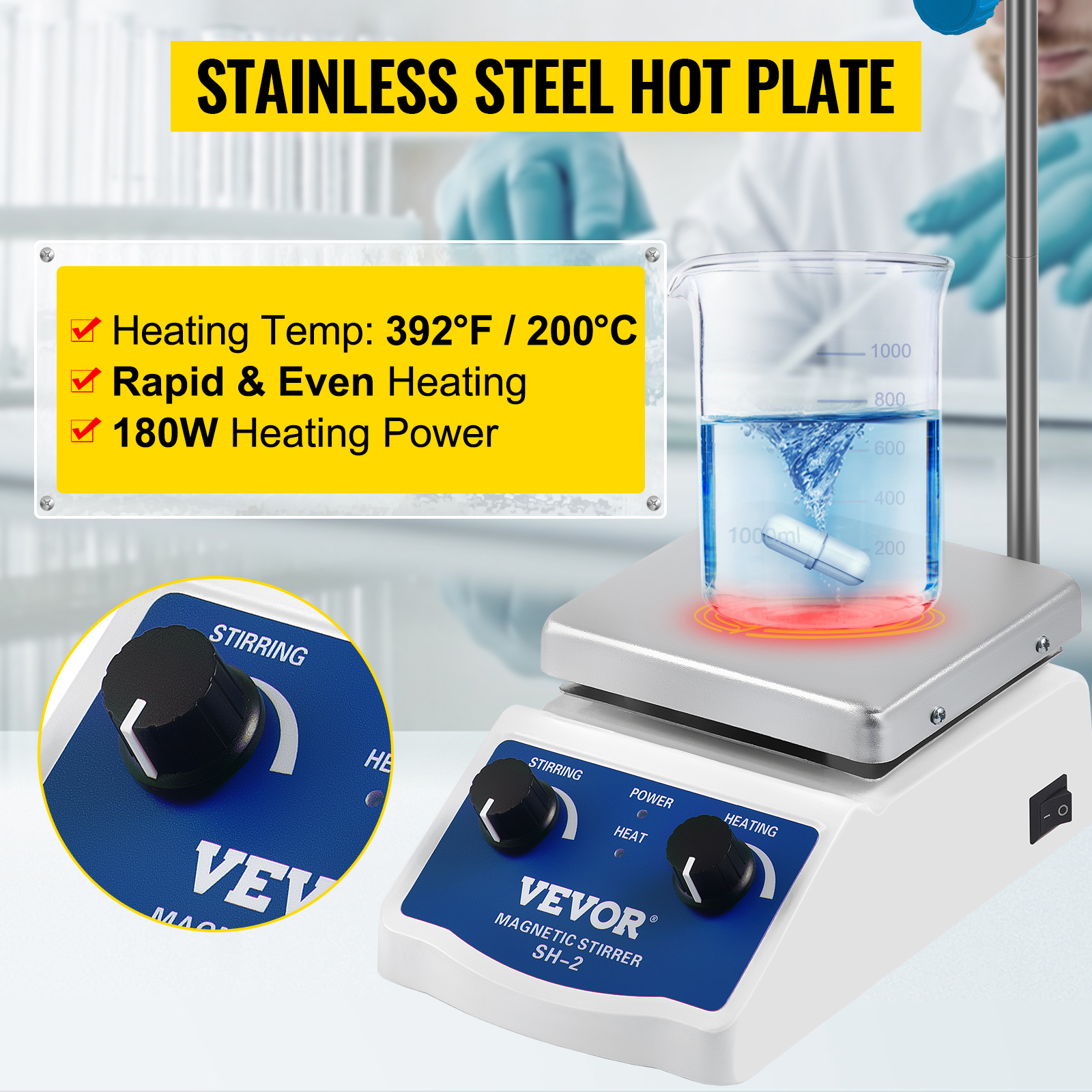 Mini Magnetic Stirrer Hot Plate Mixer Heating Stirring Machine Speed Adjusting Stir Bar 2000ml Stirring Capacity for Laboratory 